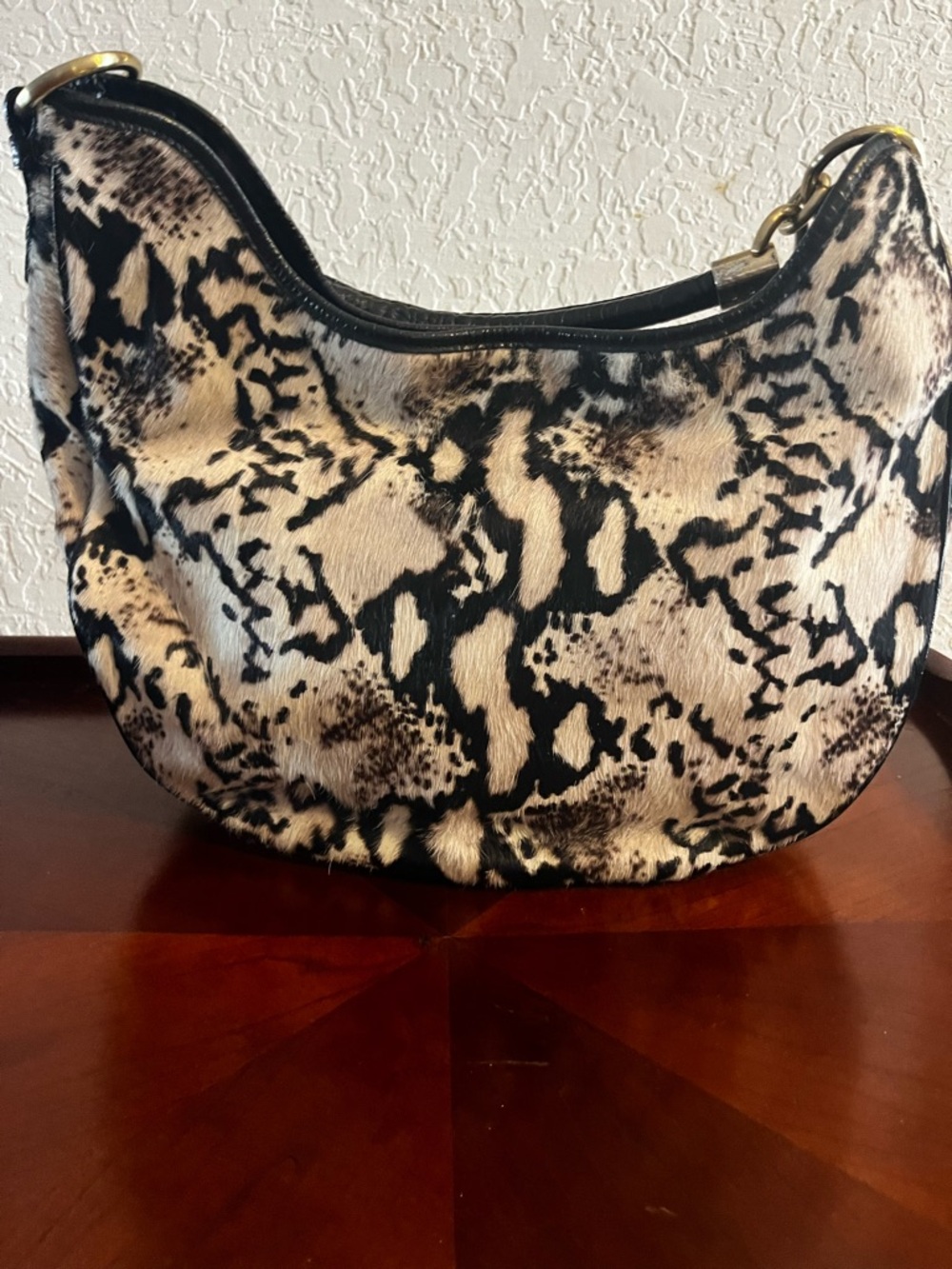 Brahmin leather and fur Leopard Print Shoulder Bag in Black and Cream